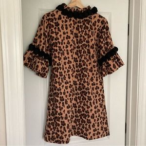 Elizabeth Wilson Leopard Corduroy Pom Pom Bell Sleeve Dress
